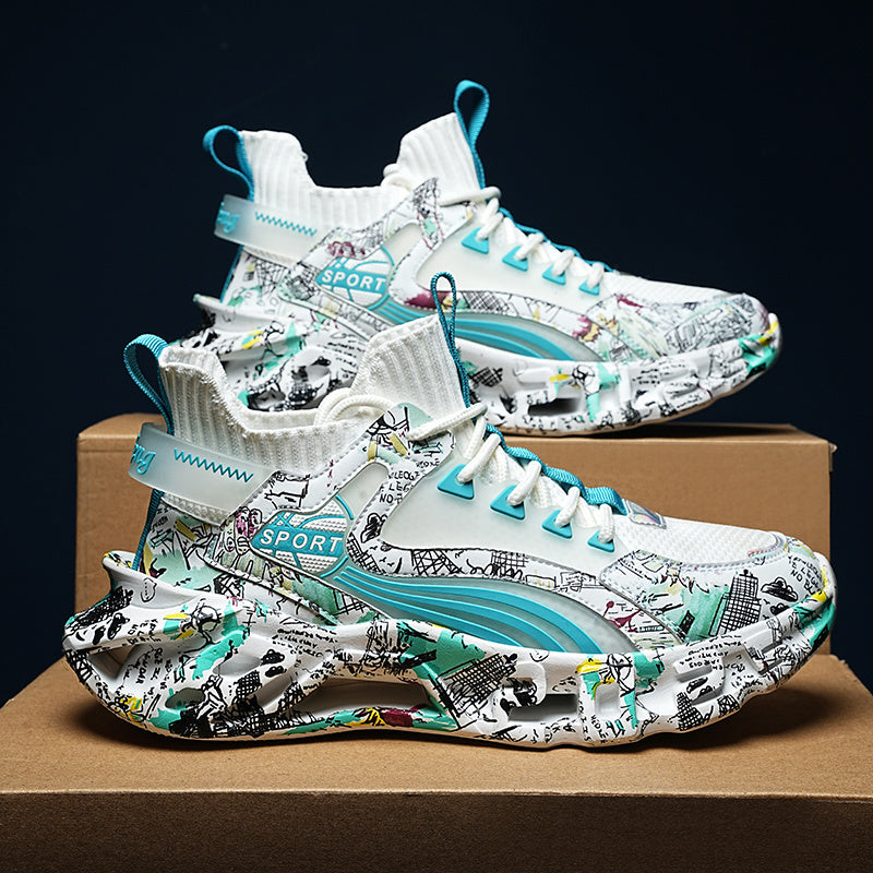 Shock-absorbing Breathable Graffiti Blade Type Men's Lace-up Sneakers - Running Shoes