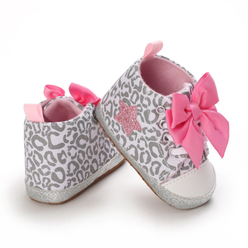 Infant Baby Gils Canvas Shoes, Soft-soled Non-slip High Top First Walker Shoes With Bow Decor