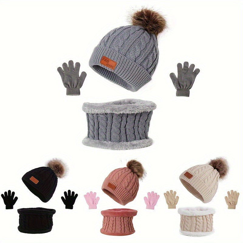 3pcs Youngsters Knitted Thermal Beanie Hat & Gloves & Scarf Set for Winter Warm Accessories