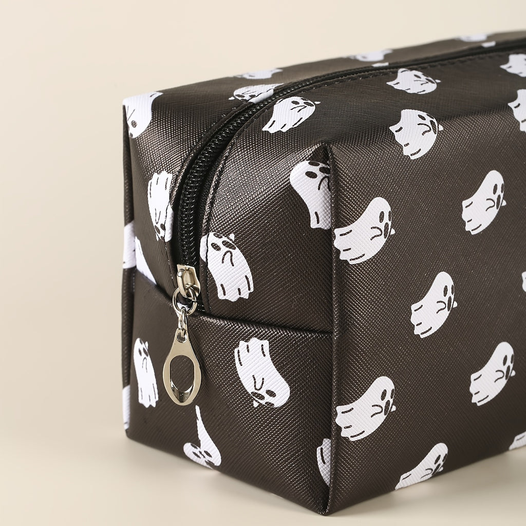 Halloween Little Ghost Print Makeup Pouch Zipper Roomy Square Cosmetic Bag Travel Accessories Organizer Halloween Gift For Friends Men Women