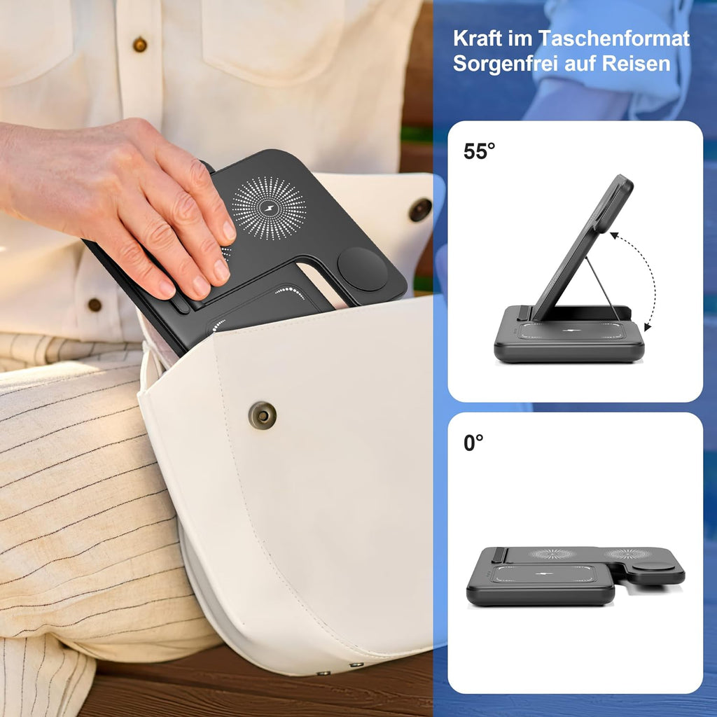 Wireless Charger, 3 in 1 Charging Station, With Adapter，15W Qi Fast Foldable Magnetic Stand Dock Replacement for iPhone 16 15 14 13 12 11 Pro Max XS XR X, iWatch 10 9 8 7 6 5 4 3 SE, AirPods 4 3 Pro (With Adapter)